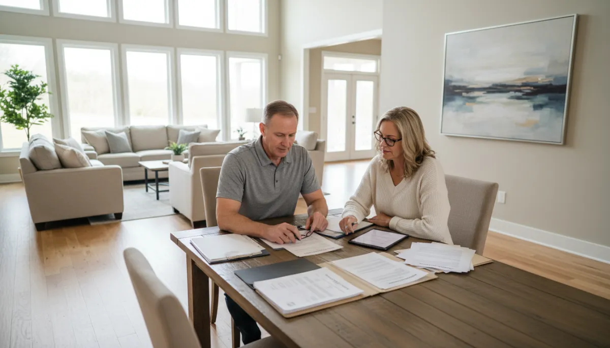 Veteran and spouse reviewing home loan options in a Hoover living room