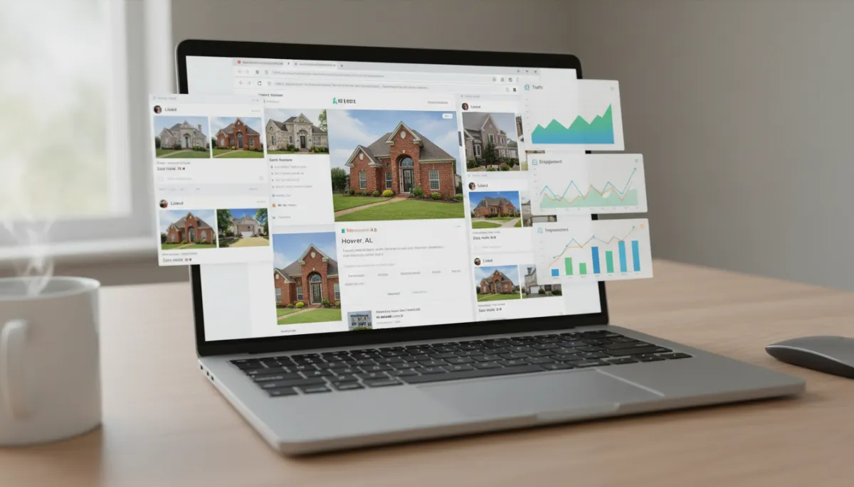 Photorealistic laptop displaying a Hoover home listing across MLS and social channels