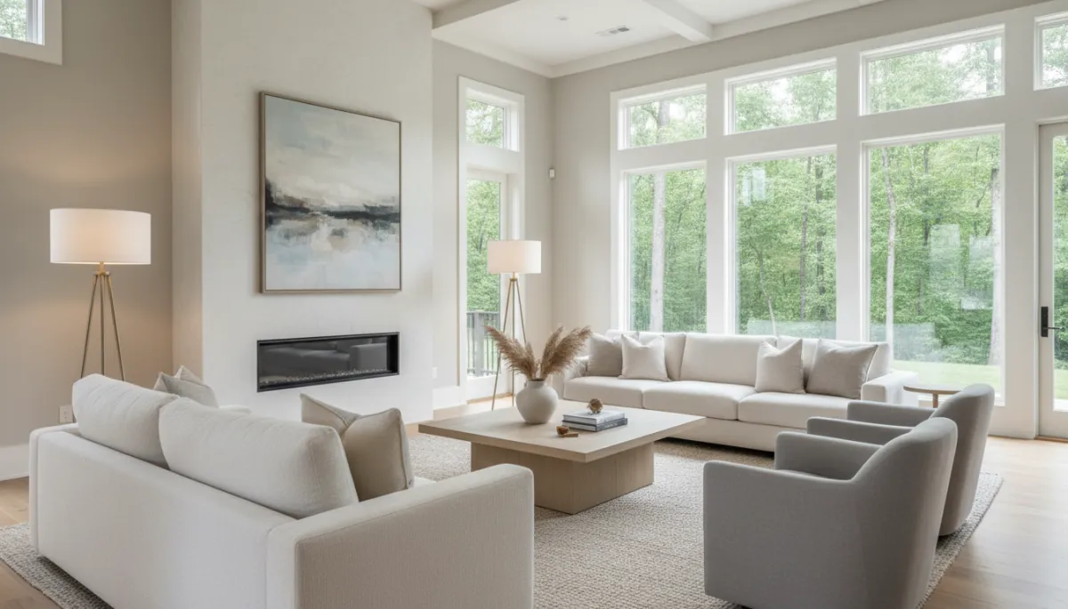 Photorealistic luxury living room in a Hoover Alabama home with neutral decor