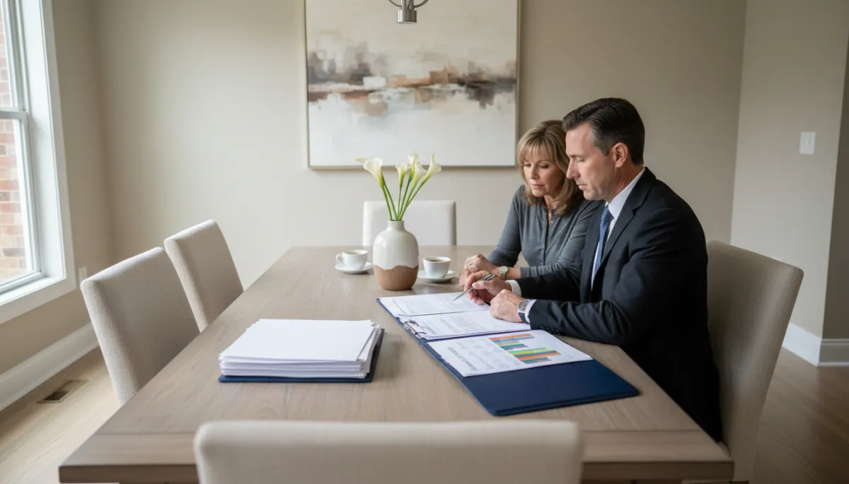 Photorealistic meeting between Hoover homeowners and a real estate agent reviewing a listing plan