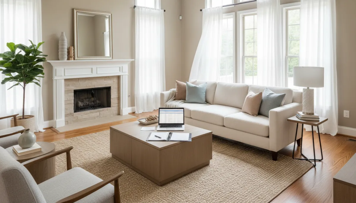 Photorealistic staged Hoover, Alabama living room prepared for a home sale