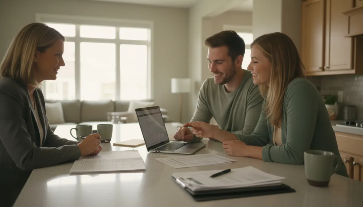 Real estate agent reviewing home sale documents with clients in a Hoover kitchen