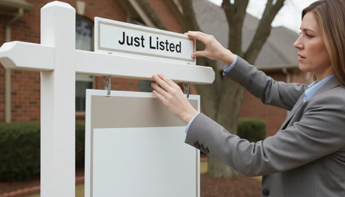 Real estate agent placing a Just Listed sign in front of a Hoover home