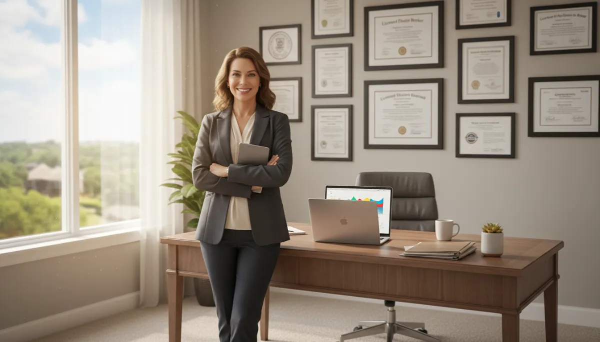 Real estate agent in Hoover AL office with professional credentials displayed