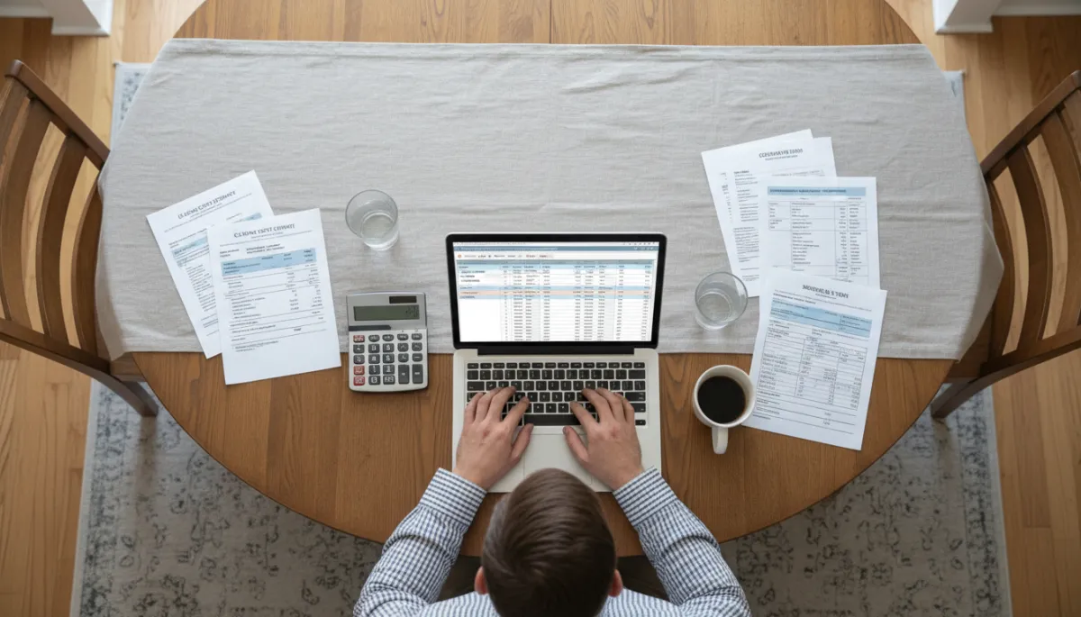 Photorealistic overhead view of homeowner calculating home selling costs