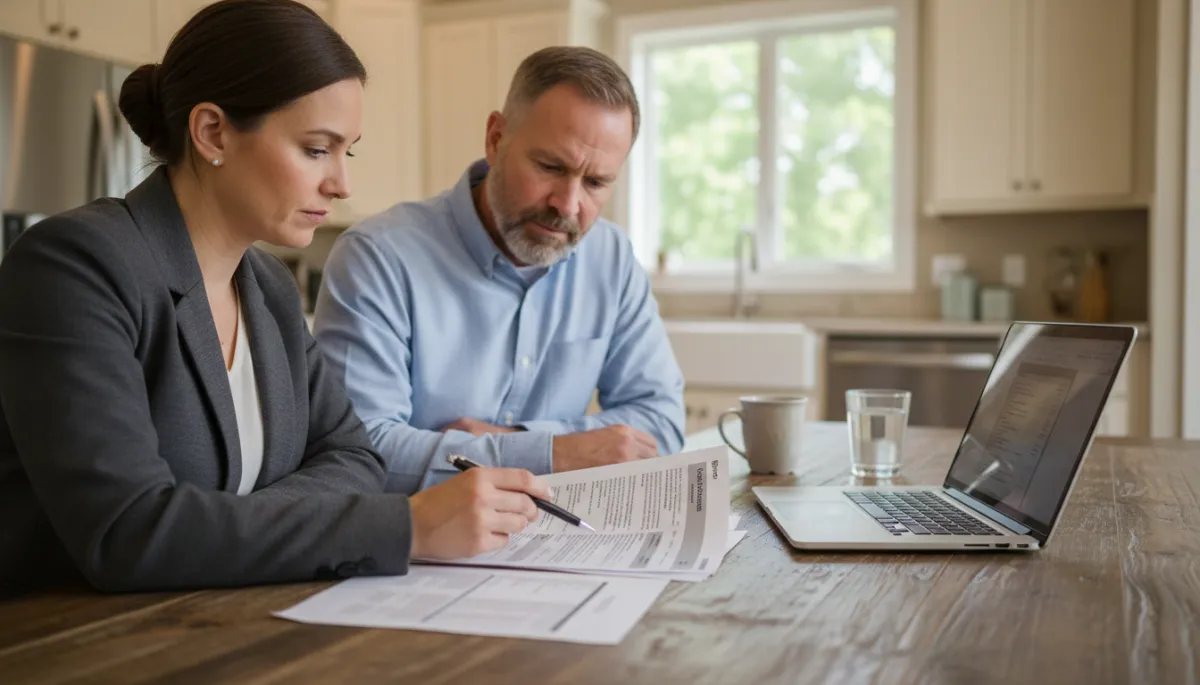 Photorealistic scene of Hoover homeowner reviewing listing costs with real estate agent