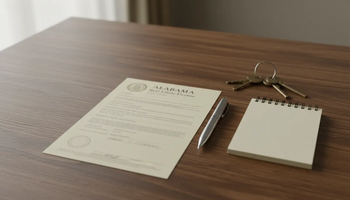 Alabama real estate license document on a desk with house keys and pen