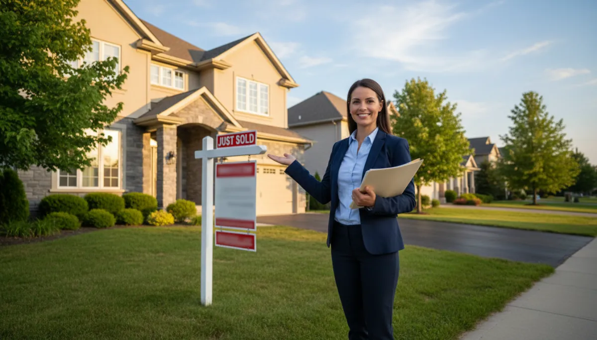 Successful real estate agent standing in front of a sold home