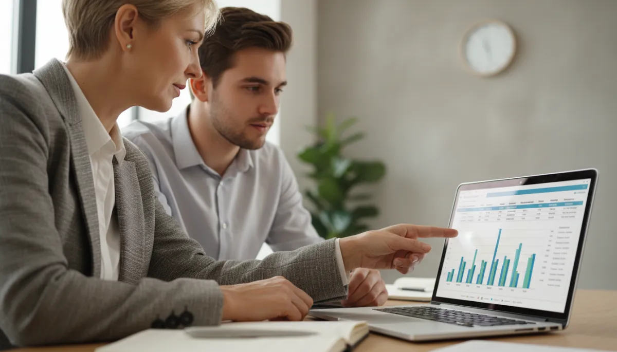 Real estate broker mentoring an agent while reviewing income reports