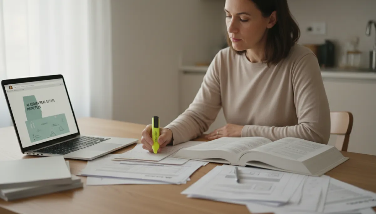 Adult learner studying Alabama real estate coursework at home