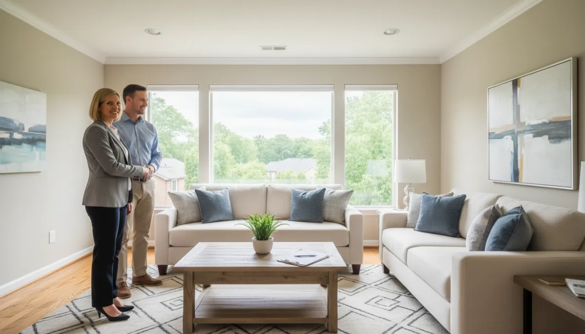 Real estate agent and homeowner shaking hands in a professionally staged Hoover AL living room