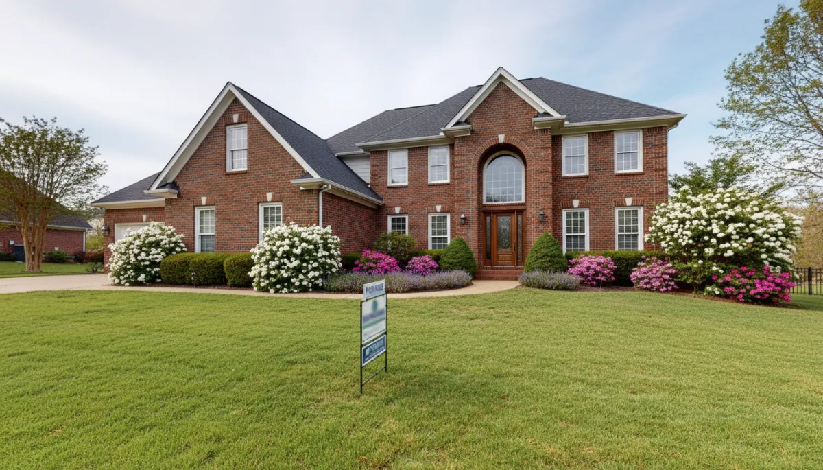 Hoover Alabama brick home with green lawn and for-sale sign in late spring