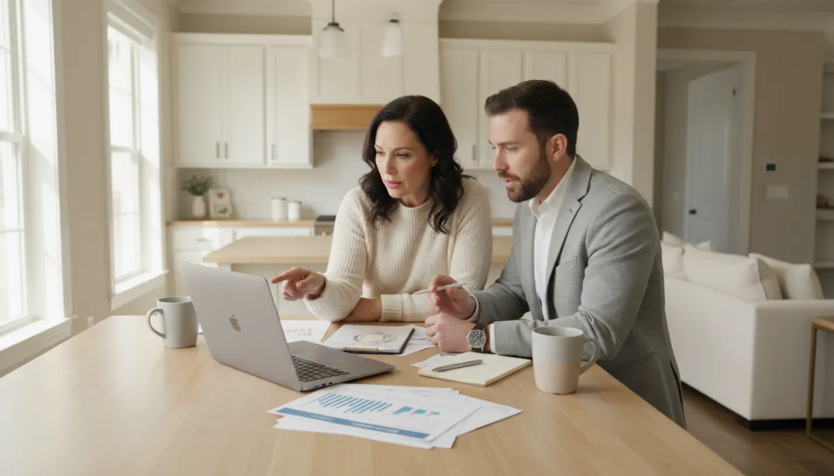 Homeowner in Hoover Alabama reviewing real estate market data with an agent in the kitchen