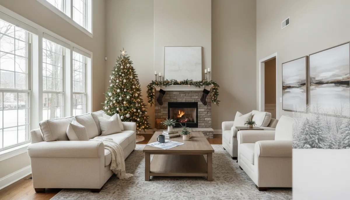 Cozy Hoover living room staged for sale during the winter holidays