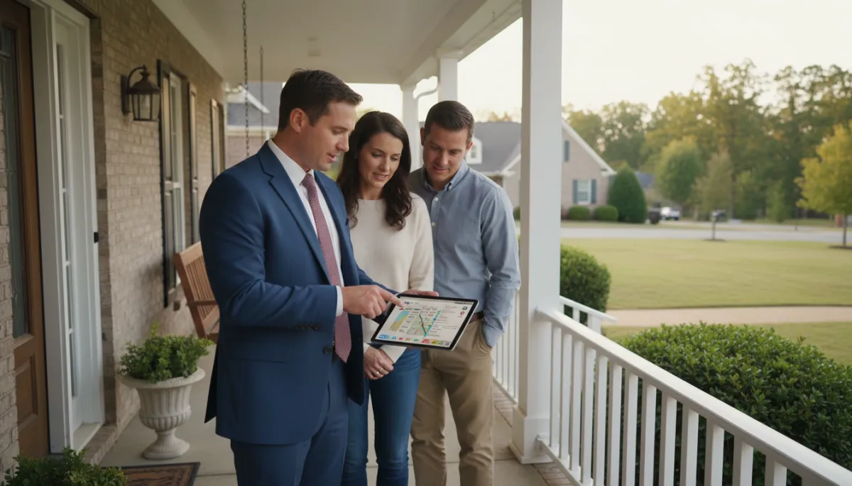 Real estate agent reviewing Hoover Alabama neighborhood data with clients on a front porch