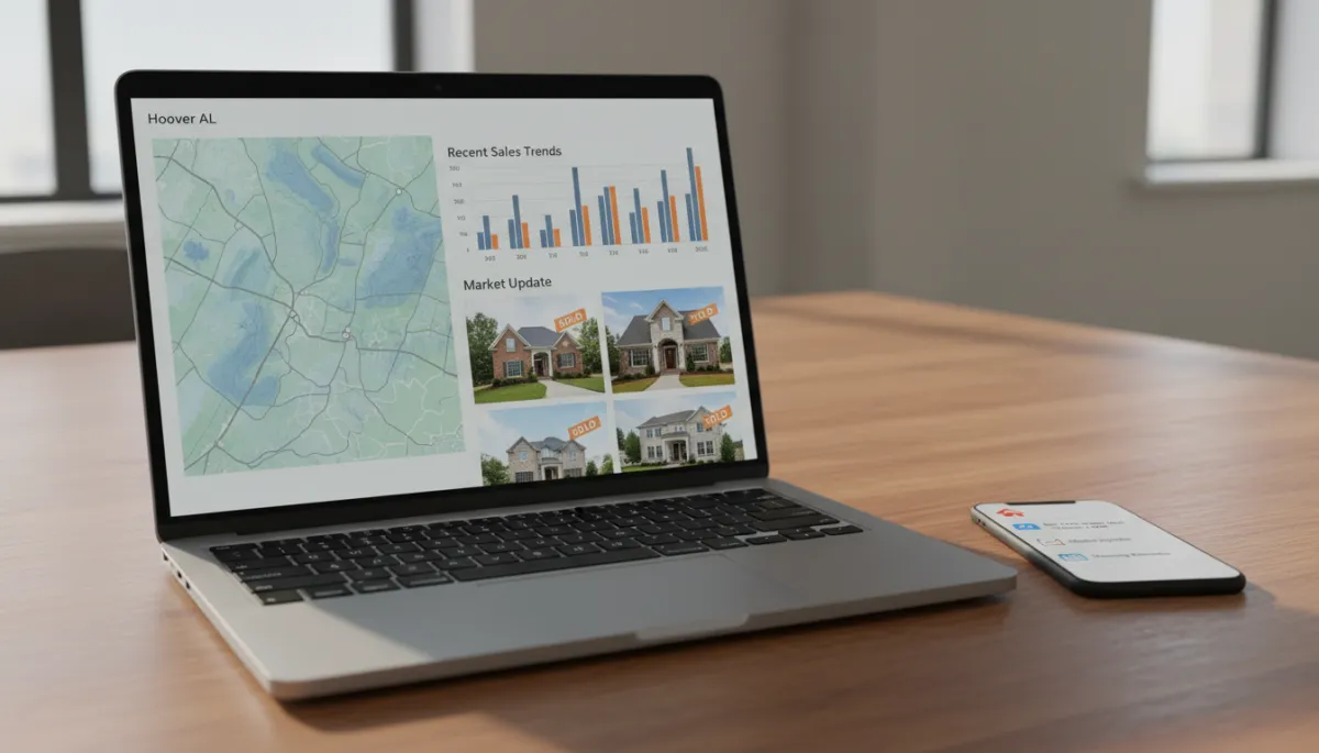 Laptop displaying Hoover Alabama real estate market data and listings