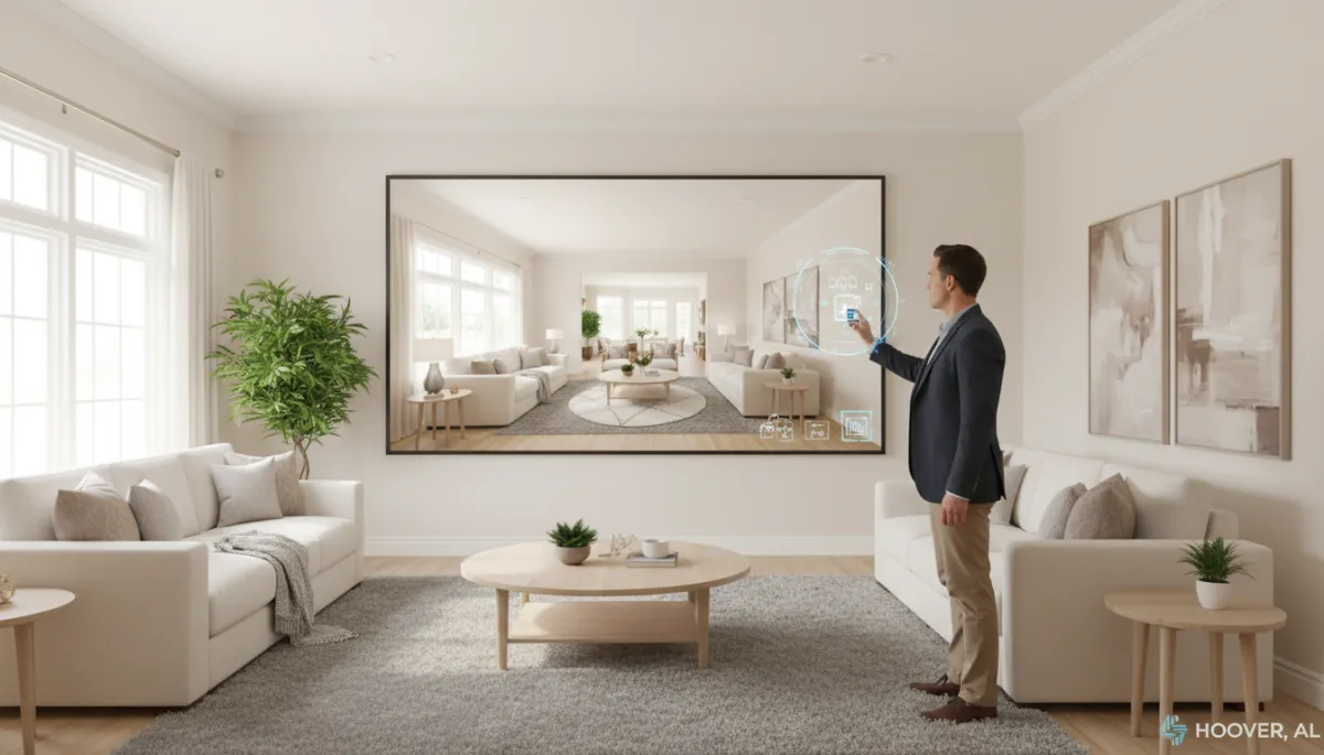 Real estate virtual tour of a staged Hoover Alabama living room on a computer screen