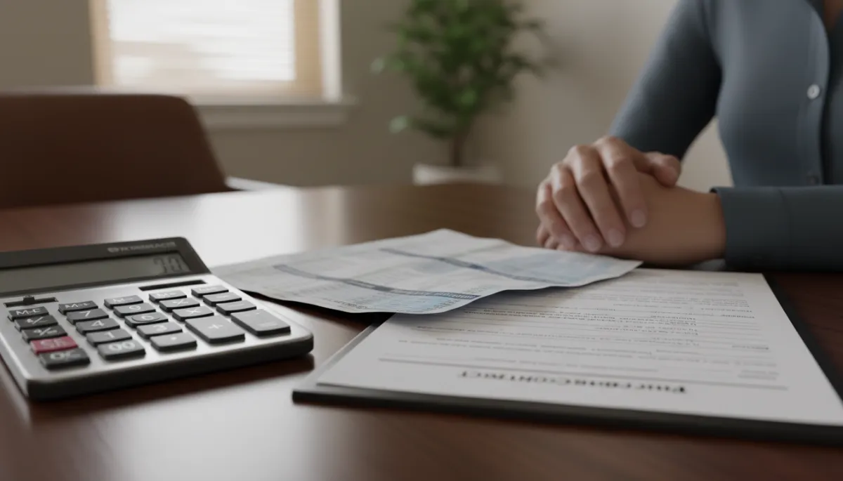 Closing table with real estate contract and commission figures highlighted