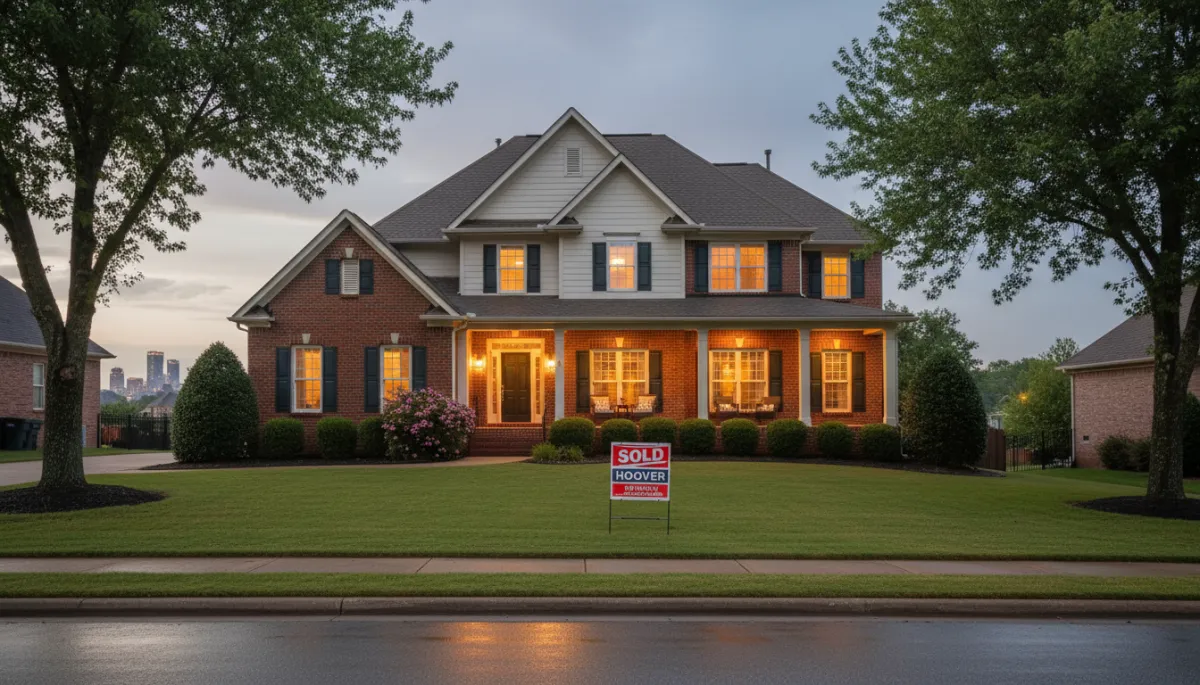 Sold sign in front of a Hoover Alabama home at dusk