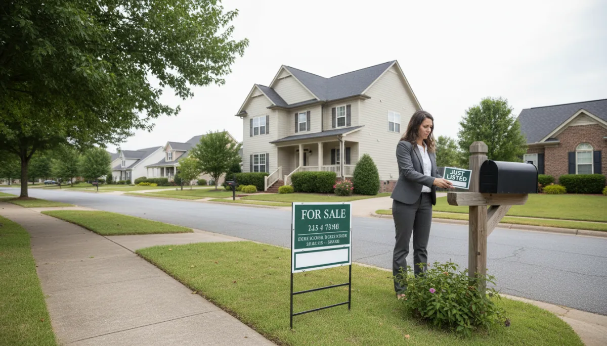 Real estate agent placing just-listed flyers near a Hoover AL home with a for-sale sign