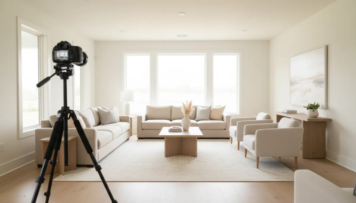 Professional photographer capturing listing photos in a staged Hoover AL living room