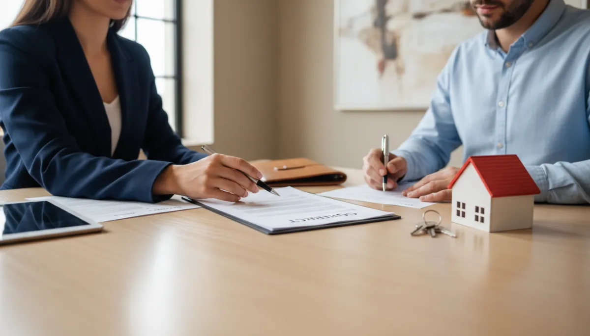 Home buyer signing a purchase offer with guidance from a real estate agent