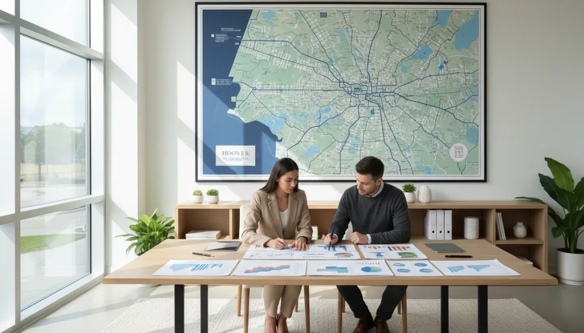 Real estate agent and home buyer reviewing Hoover and Birmingham market data
