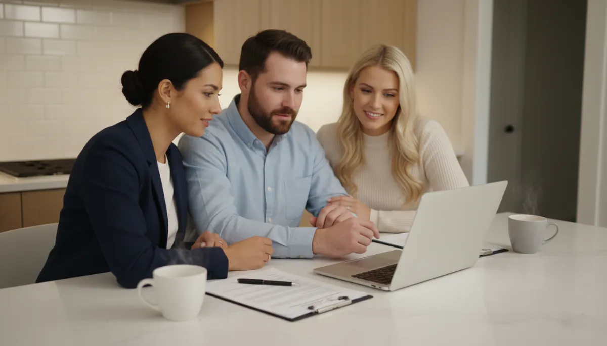 Real estate agent reviewing a purchase contract with Hoover clients