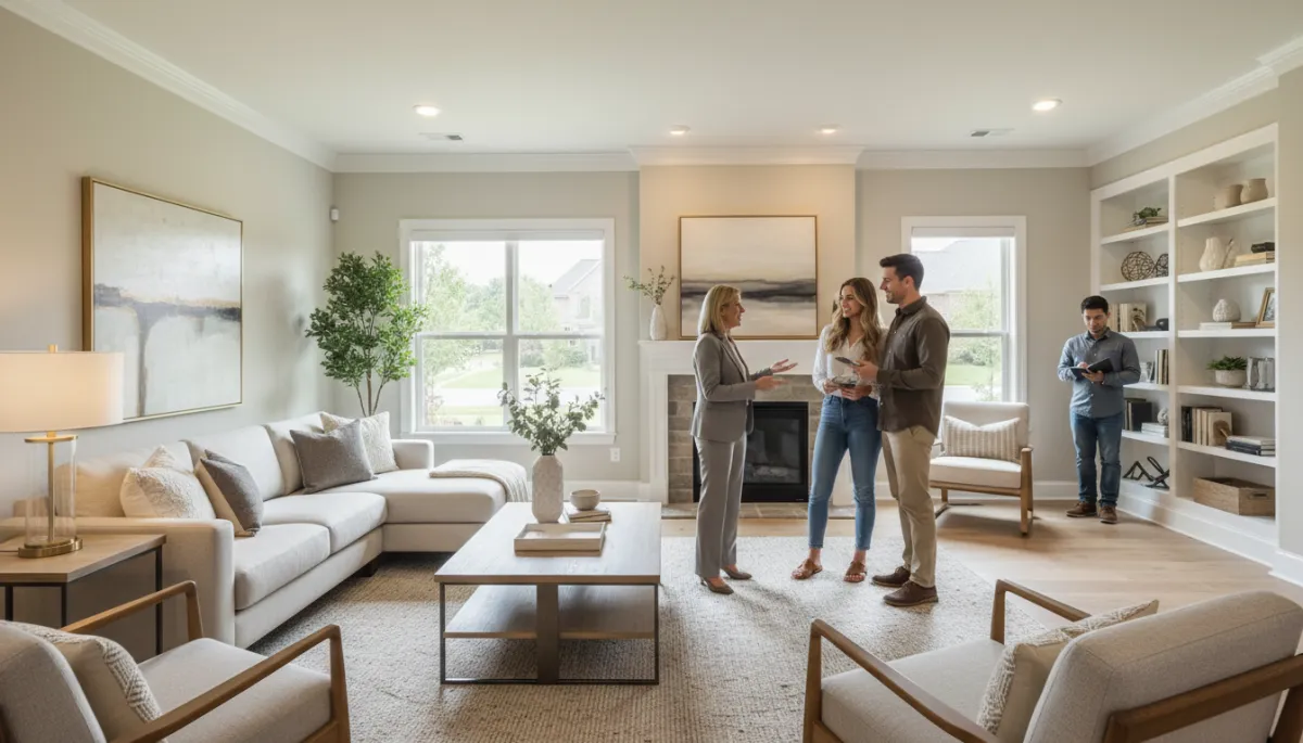 Real estate agent guiding buyers through a Hoover Alabama home showing