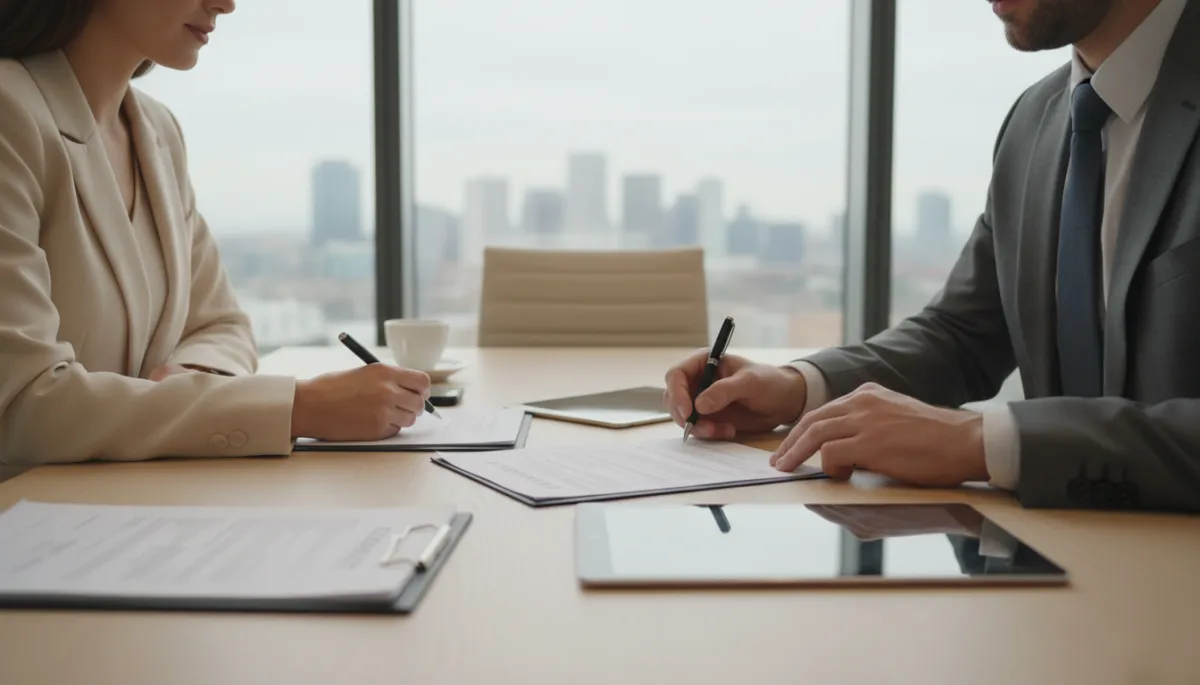 Client signing real estate contract with guidance from a professional agent