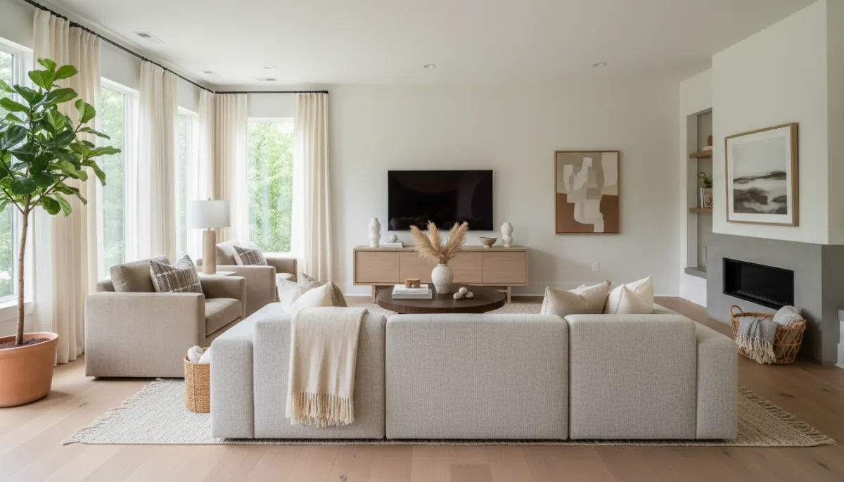 Staged living room in a Hoover Alabama home with neutral decor