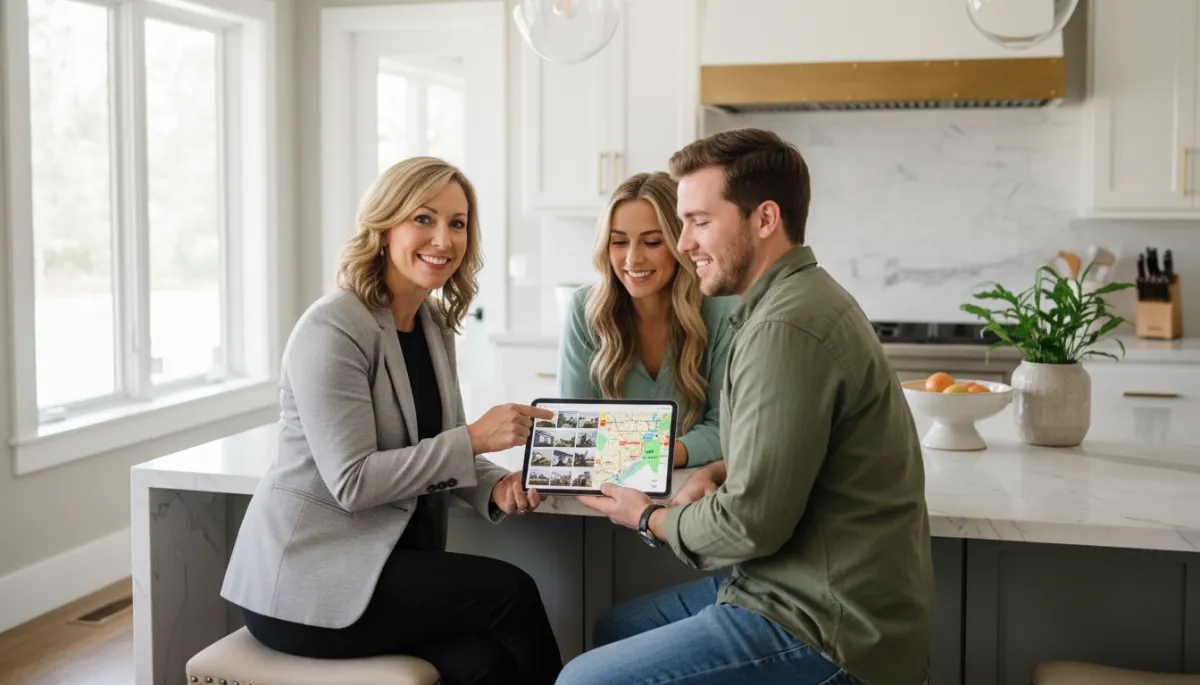 Photorealistic scene of a Hoover Alabama real estate agent sitting at a kitchen island with a couple, reviewing a tablet with home search results and neighborhood maps, bright natural light from nearby windows, tidy modern Southern-style home interior
