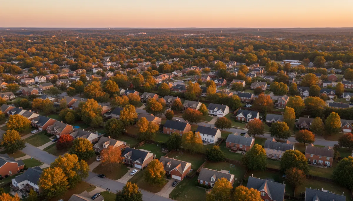 Photorealistic aerial view of a Hoover Alabama neighborhood at sunset, mix of brick and siding single-family homes, tree-lined streets, subtle glow in windows, calm family-friendly atmosphere