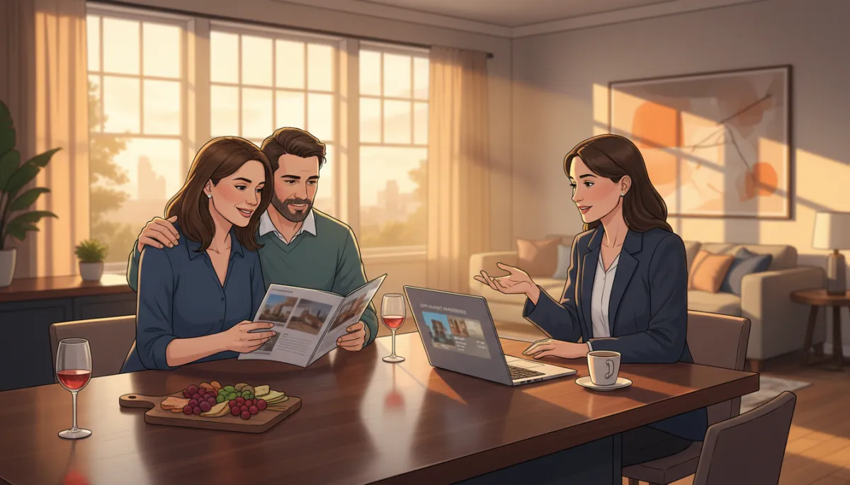 Photorealistic scene of a Hoover Alabama couple reviewing an off-market home brochure at a kitchen island with their buyer agent, laptop open showing a private listing portal, warm evening light through the windows