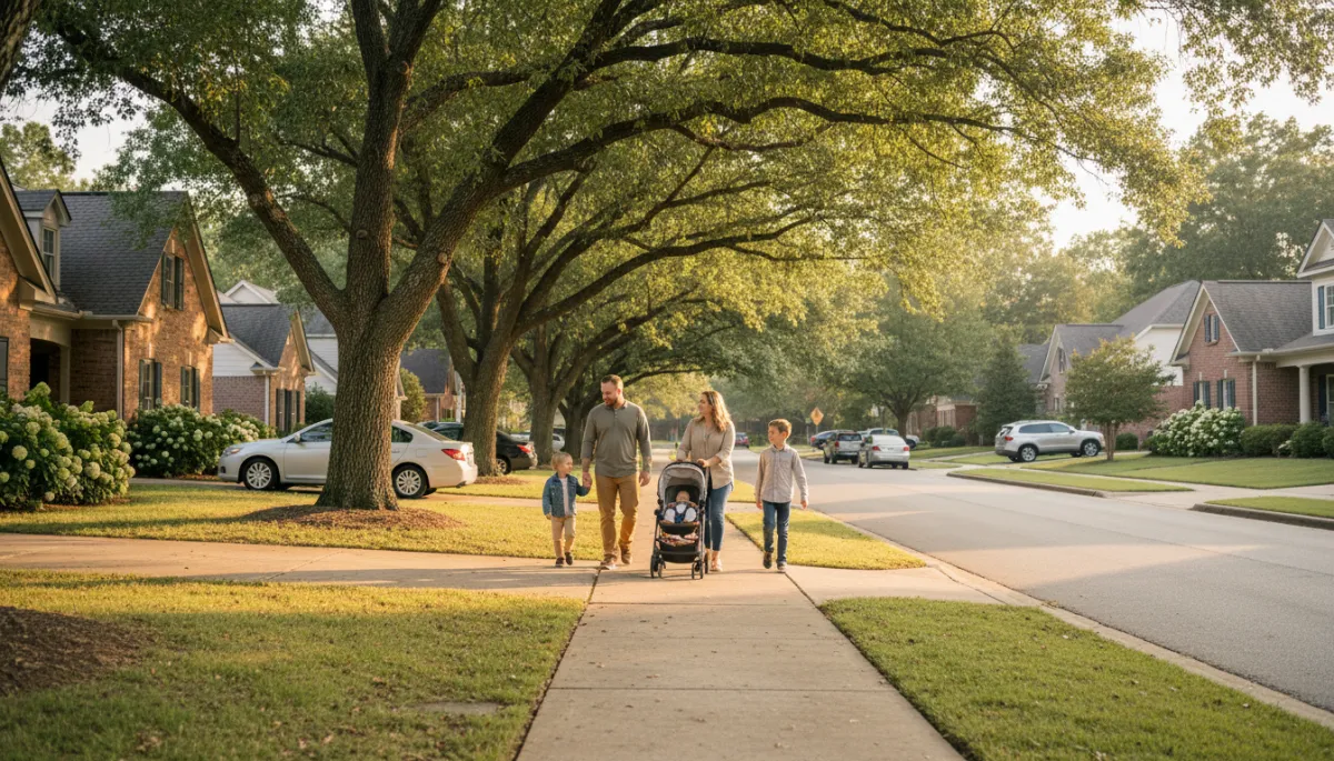 Family walking on a quiet residential street in Hoover Alabama