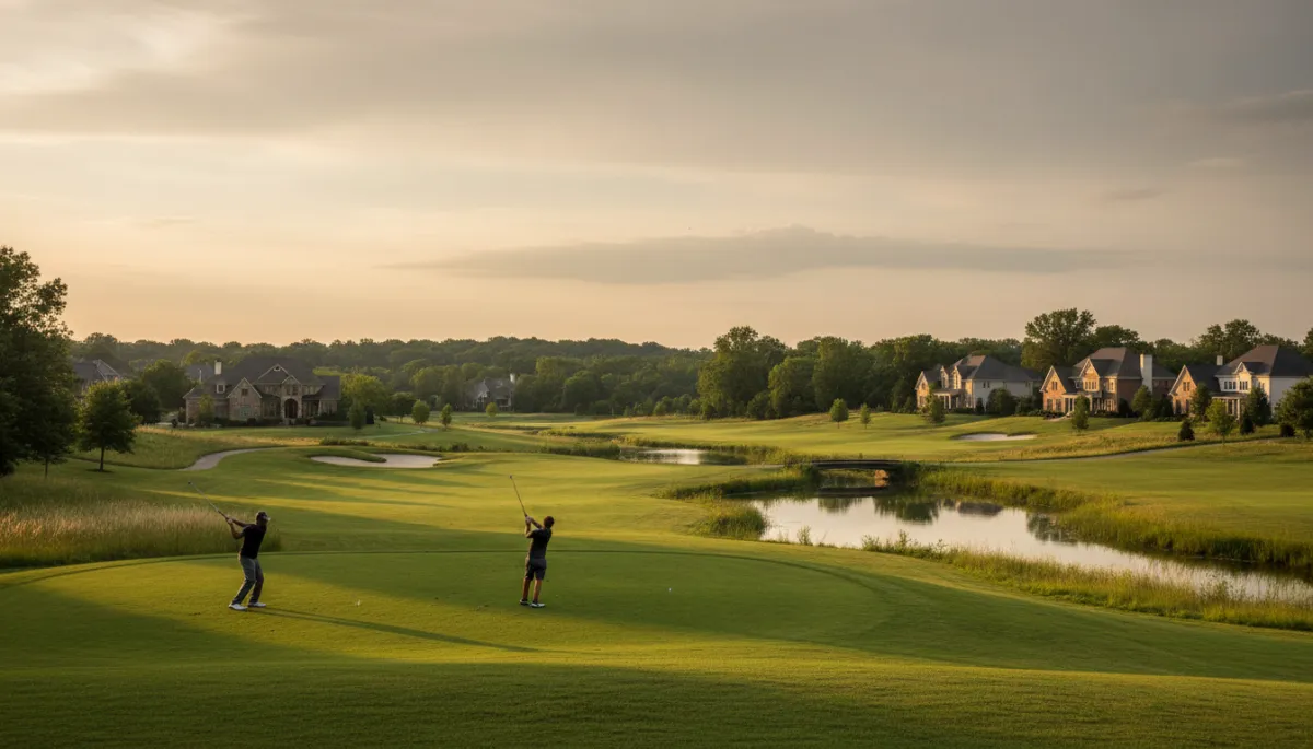 Golfers on the Ross Bridge course with homes in the background