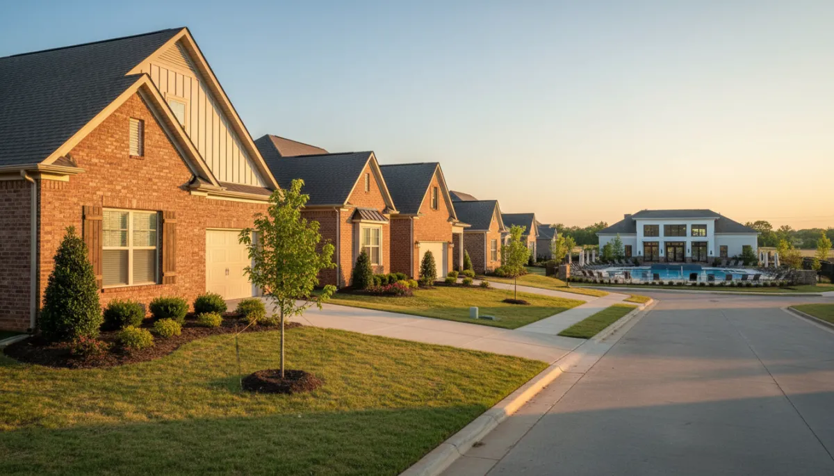 Street of new-construction homes near the Lake Wilborn clubhouse and pool