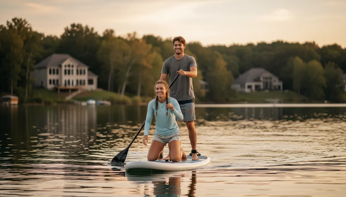 Residents paddleboarding on the lake with Lake Wilborn homes in the background