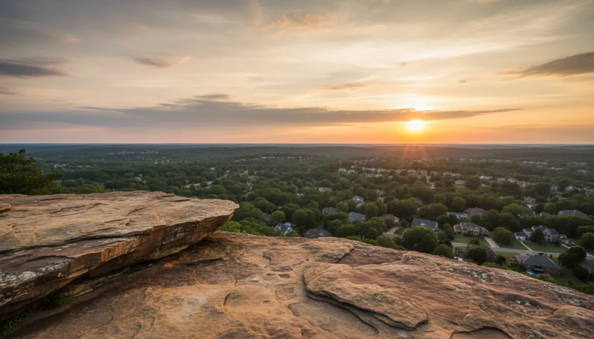 Sunset view from Lover’s Leap overlooking homes in Bluff Park Hoover Alabama