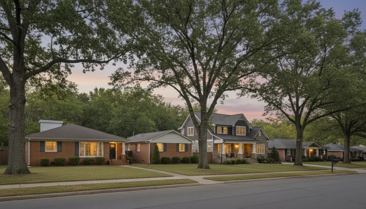 Street in Bluff Park Hoover Alabama with mix of mid-century and craftsman-style homes