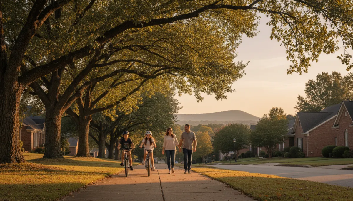 Family walking and biking along a tree-lined street in Bluff Park Hoover Alabama