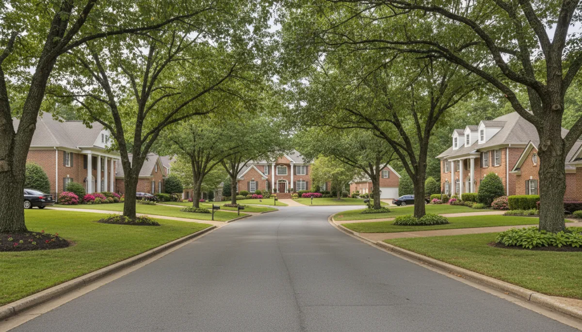 Tree-lined residential street with brick homes in Riverchase Hoover Alabama