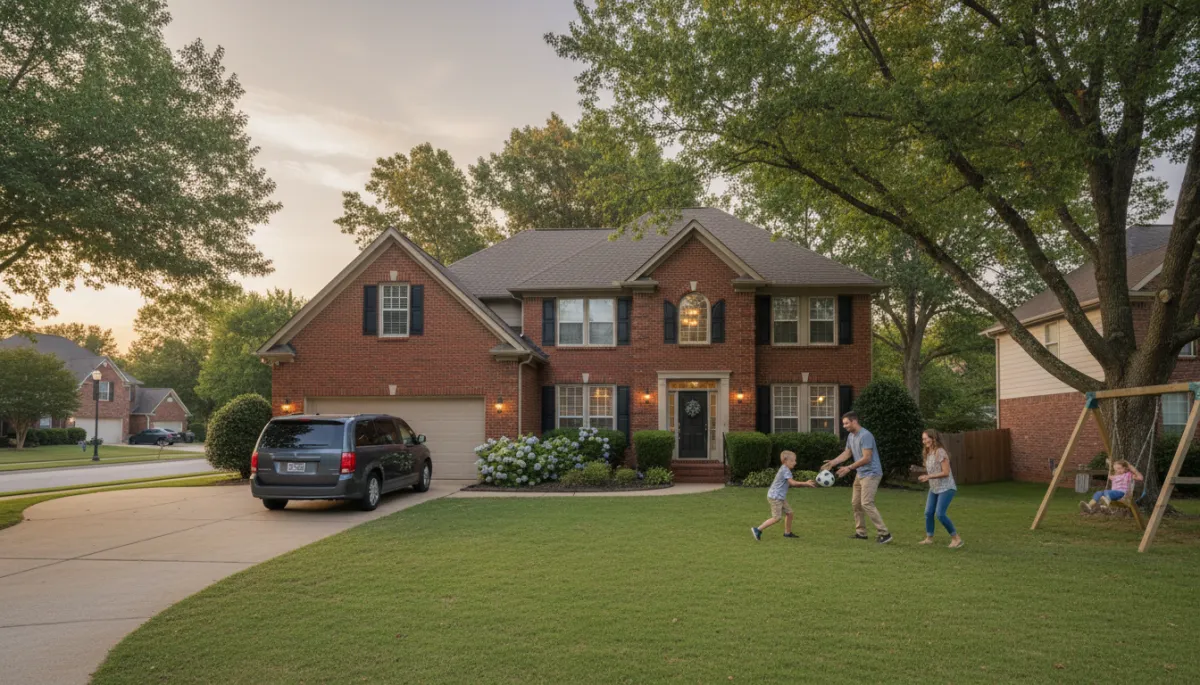 Brick family home with parents and children outside in a Hoover Alabama neighborhood