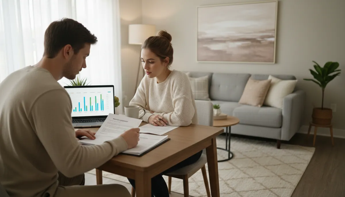 Photorealistic couple comparing rent and mortgage numbers at home in Hoover AL