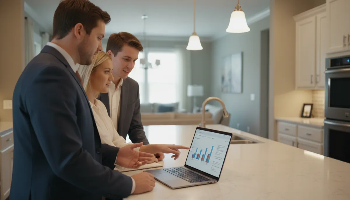 Agent and buyers reviewing Hoover housing statistics on a laptop