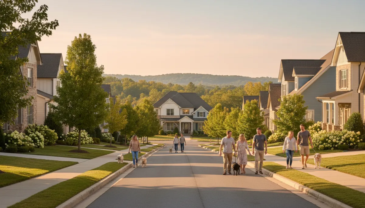 Walkable Hoover AL neighborhood street with sidewalks, trees, and families outside