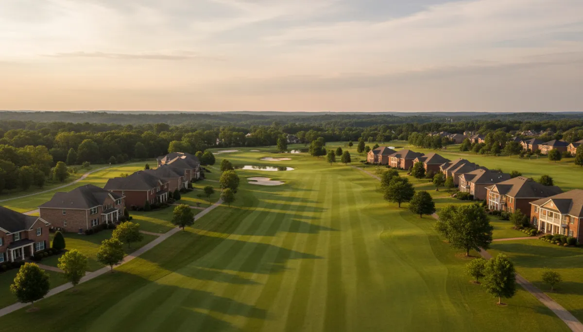 Golf course homes in a Hoover Alabama neighborhood at sunset