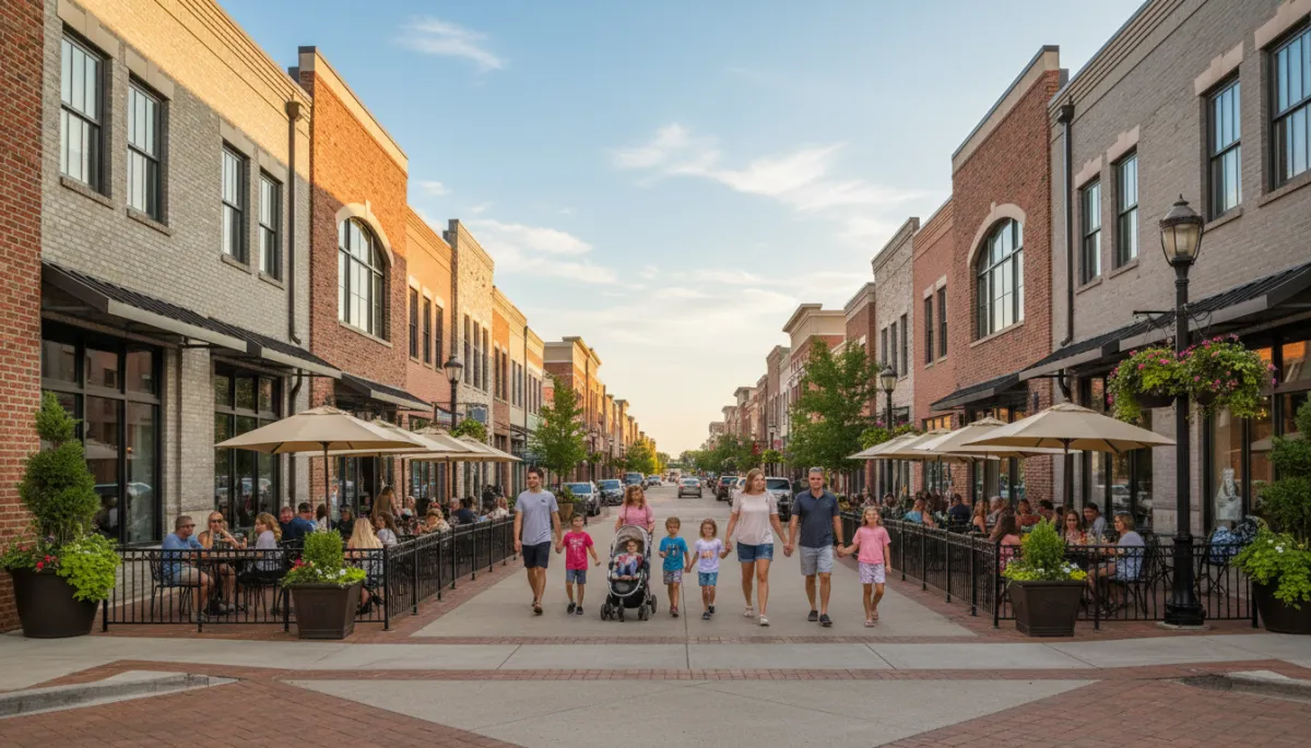 Modern shopping and dining area in Hoover Alabama with people enjoying the day