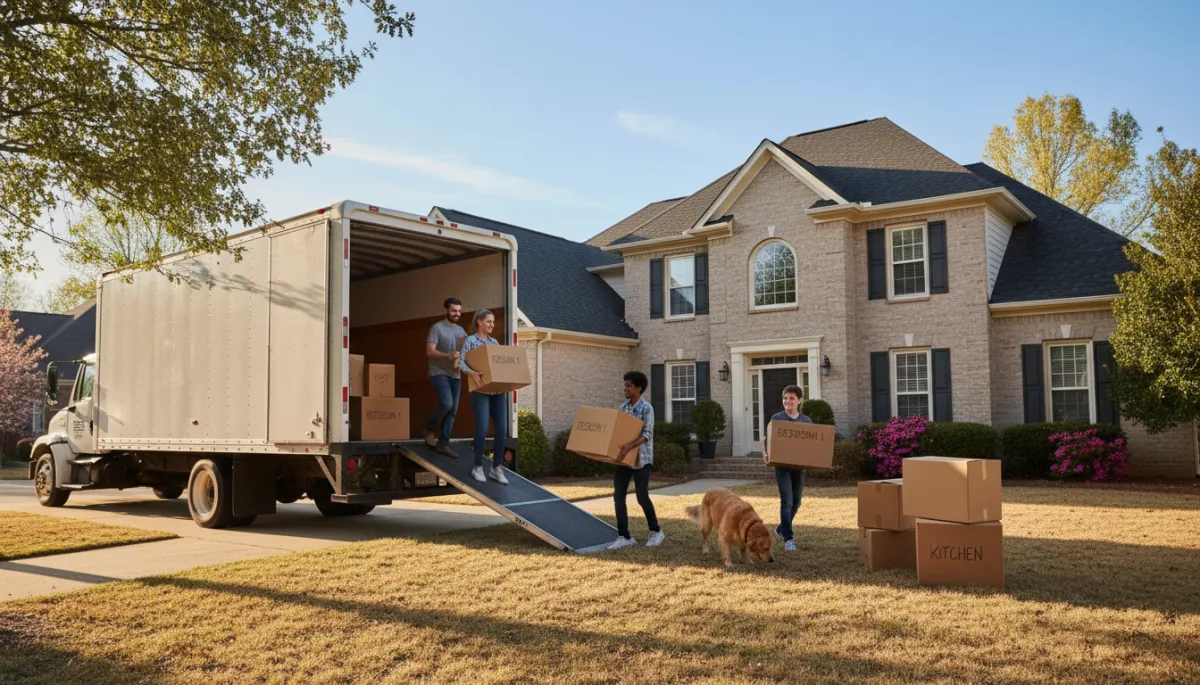 Family moving into a new brick home in Hoover Alabama