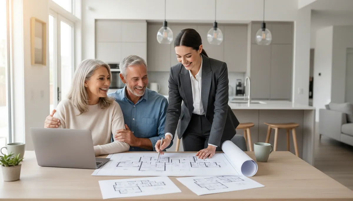 photorealistic empty nester couple in their late 50s sitting at a kitchen table with a neutral-toned laptop and printed floor plans, smiling as a real estate agent points to a single-story home layout, bright natural light